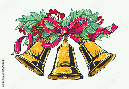 Christmas bells with red ribbon and Christmas floral
