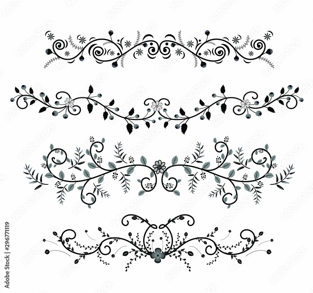 wreath design ornaments with flowers and hearts vectors. Branches with Ornaments vector. Doodle design elements. Decorative swirls dividers