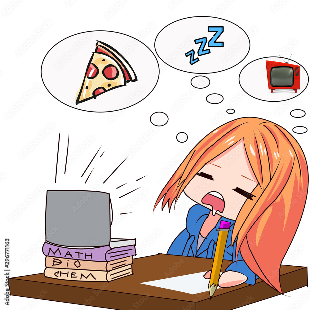 Vector of an anime girl fall asleep studying for her exam and dream about pizza and tv