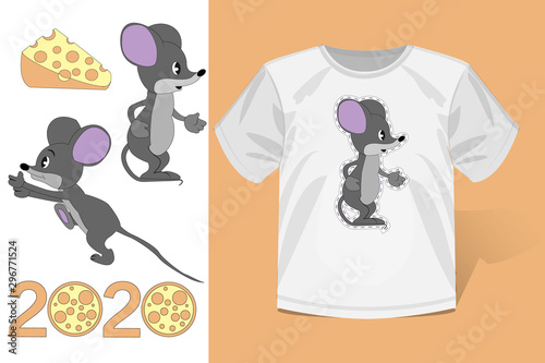  Mouse stickers, T-shirt and mock up Concept for design of fabric and paper for printing