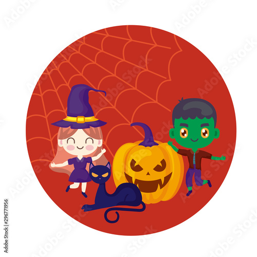 scene of children disguised with icons halloween
