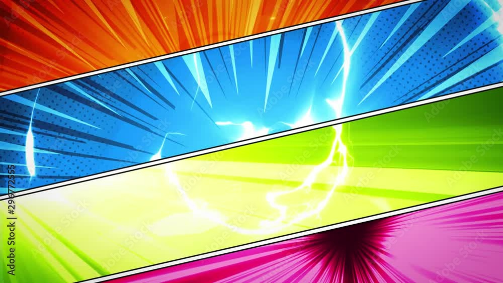Comic Book Action Layout Background With Power Fx/ 4k animation of a powerful comics like page layout background with halftone dots and dynamic action speed sunbeams effects