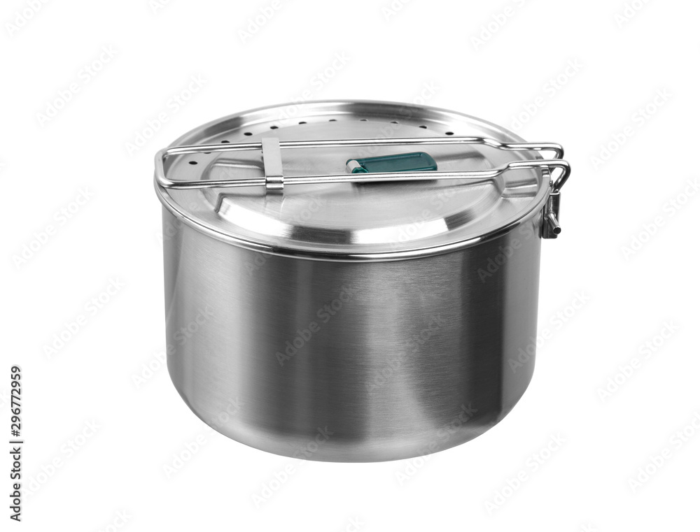 Set of camping dishes isolate on a white background. A variety of kitchen appliances for cooking outdoors.