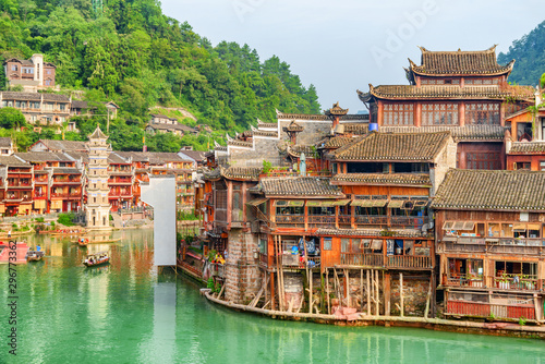 Awesome view of the Tuojiang River and old riverside houses photo