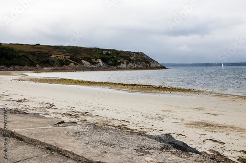 Camaret-sur-Mer  France. Empty beach on a grey cloudy day in the Crozon Peninsula