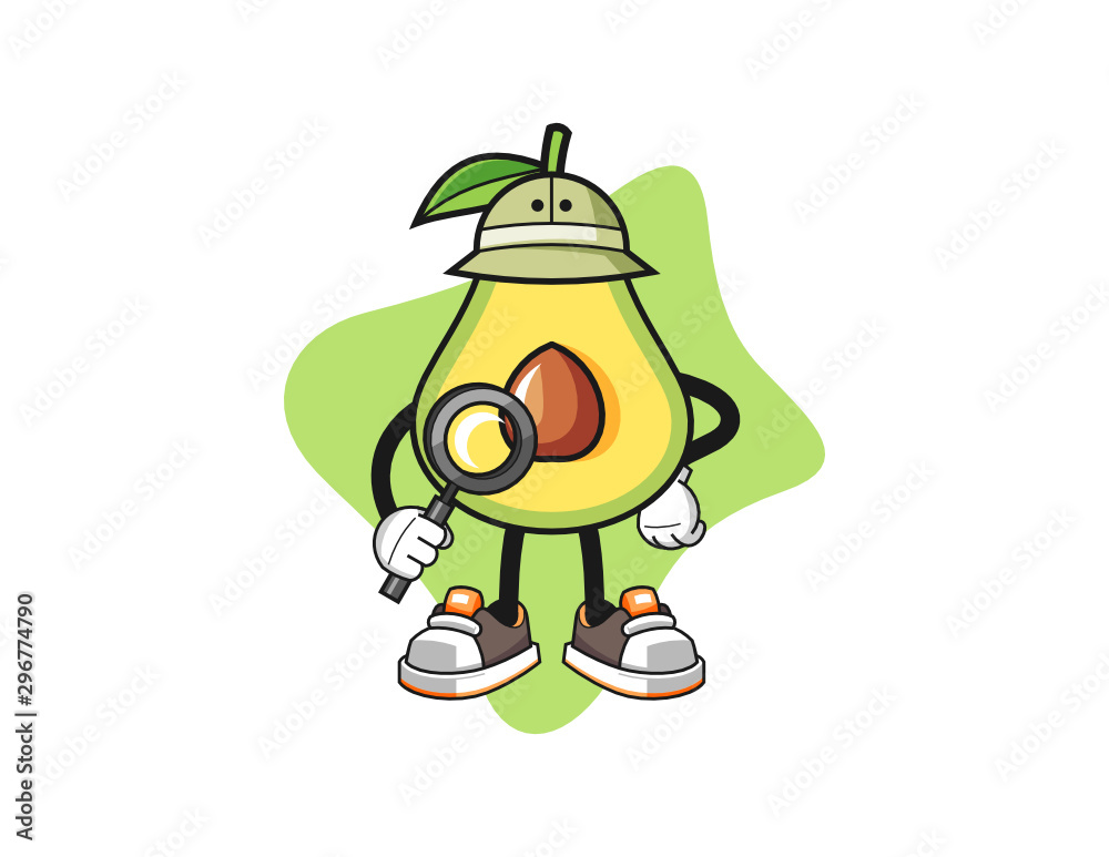 Obraz premium Avocado archaeologist mascot design vector. Cartoon character illustration for business, t shirt, sticker.