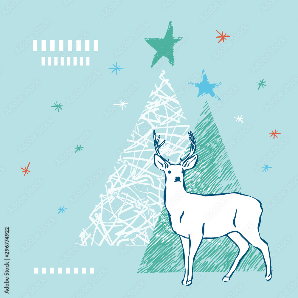 Vector Holiday illustration with deer and trees on snowflake background. Hand drawn festive design for cards and social media templates.