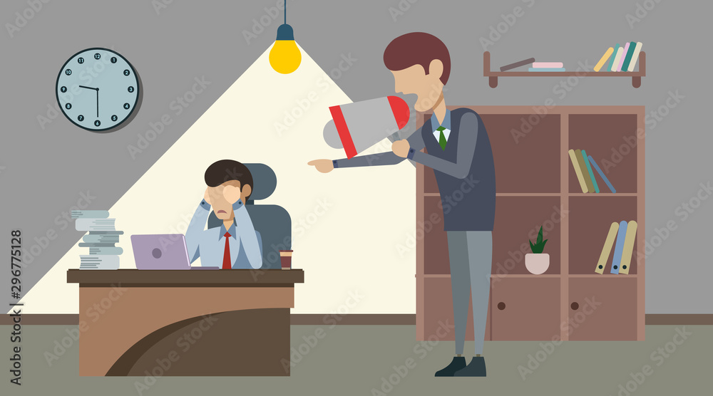 Bad angry boss shouting at employee with loudspeaker. Bad angry boss shouting at employee with loudspeaker.