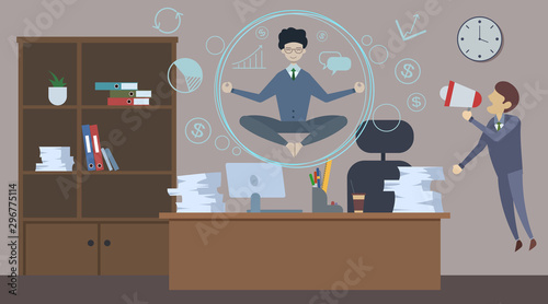 Bad angry boss shouting at employee with loudspeaker. Office man doing Yoga to calm down the stressful emotion.
