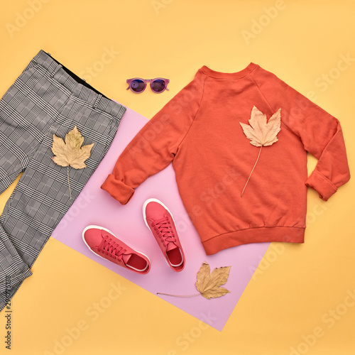 Autumn Fashion Hipster DJ Clothes Outfit Flat lay.
