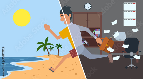 Business man running from office to summer beach. Flat style.