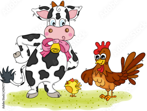 Funny cow and chicken with little yellow chick