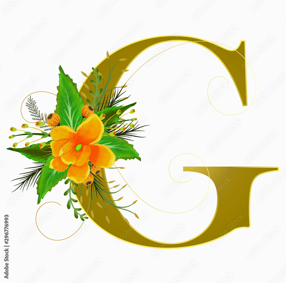 Gold Alphabet flowers - Letter G with watercolor flowers and leaves ...