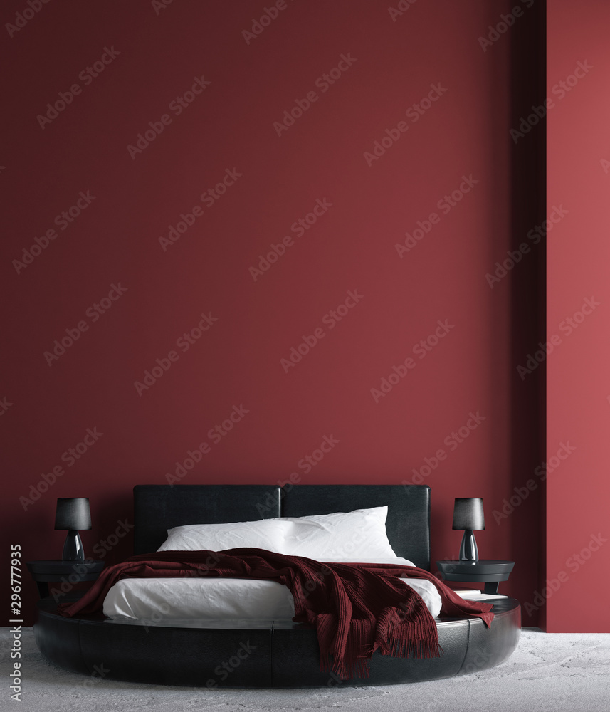 Modern luxury dark red bedroom interior poster wall mock up 3d