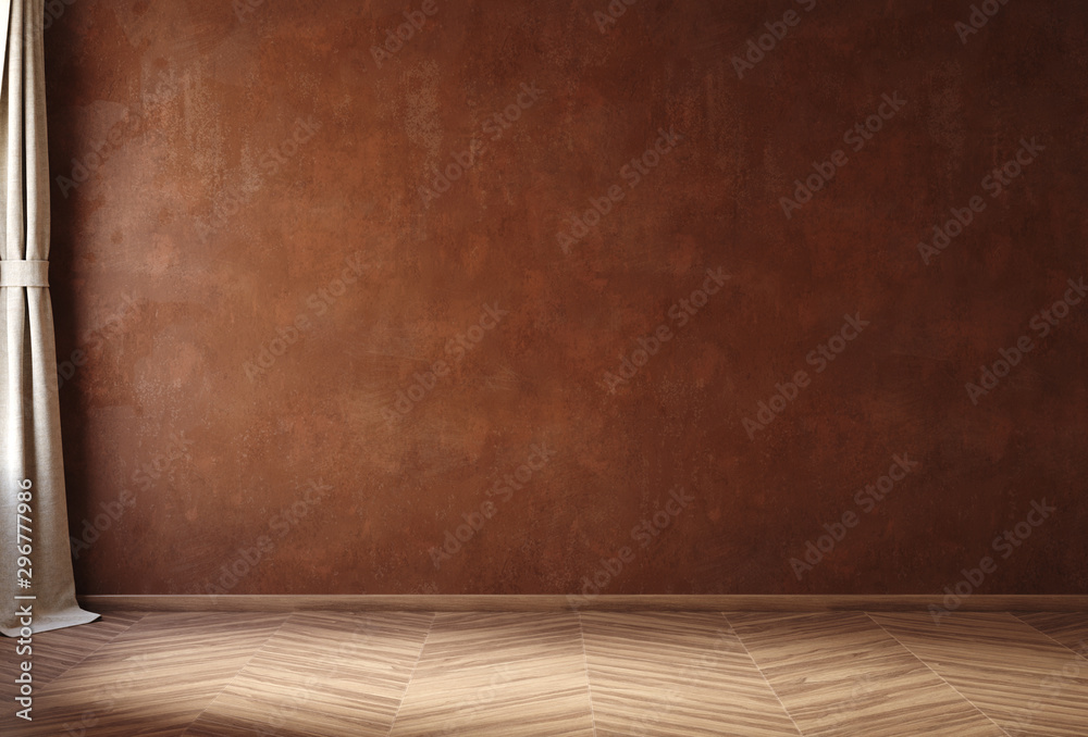 Empty home interior mock-up with old grunge brown wall,wooden floor and linen curtain, 3d render Empty home interior mock-up with old grunge brown wall,wooden floor and linen curtain, 3d render