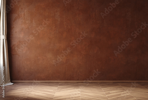 Empty home interior mock-up with old grunge brown wall,wooden floor and linen curtain, 3d render