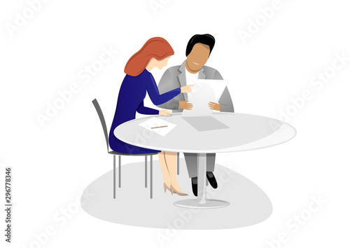 man and woman are sitting at the table and talking about a working draft, isolated on a white background horizontal vector illustration