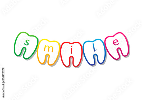 multicolored smile teeth symbol with smile word on them, isolated on a white background horizontal vector illustration