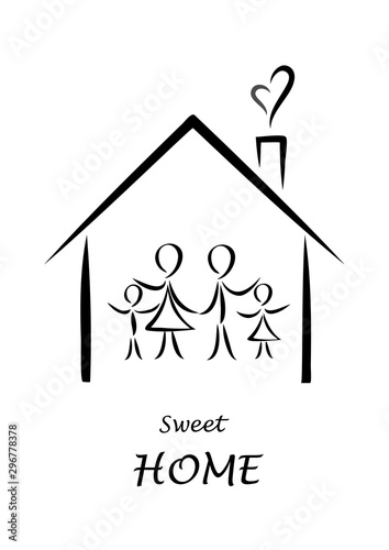 sweet home poster, family simple doodles in a house isolated on a white background, vertical vector illustration