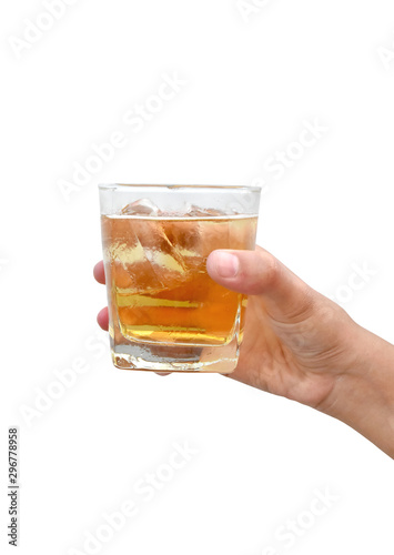 Hand woman holding cold glass of beer with ice on white background.