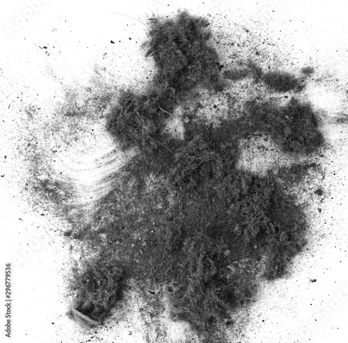 Black trash, dust, dirt isolated on a white background closeup. texture of garbage from a vacuum cleaner