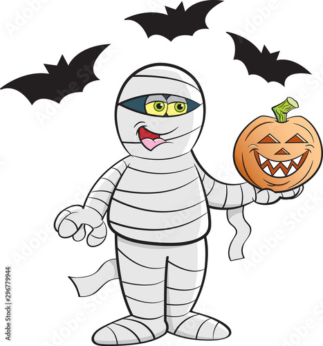 Cartoon illustration of a happy mummy holding a pumpkin surrounded by bats.
