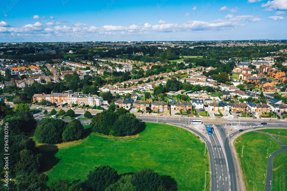 Aerial drone view of Clontarf neighborhood in Dublin city. Aerial Irish city view.