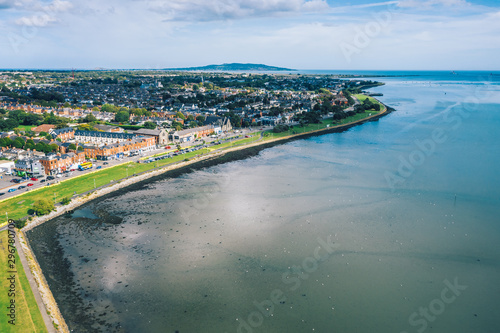 Aerial drone view of Clontarf neighborhood in Dublin city. Aerial Irish city view.
