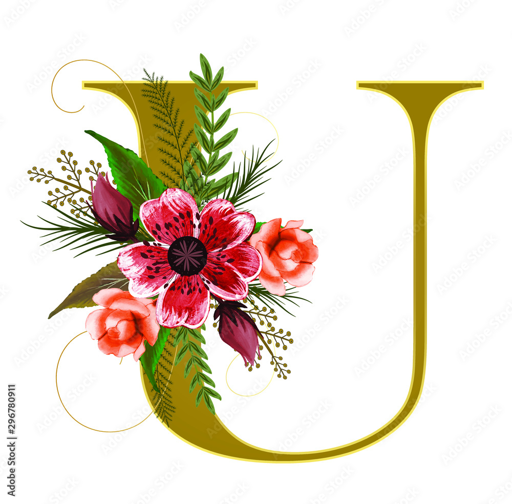 Golden Alphabet flowers Letter U with watercolor flowers and leaves hand drawn on paper