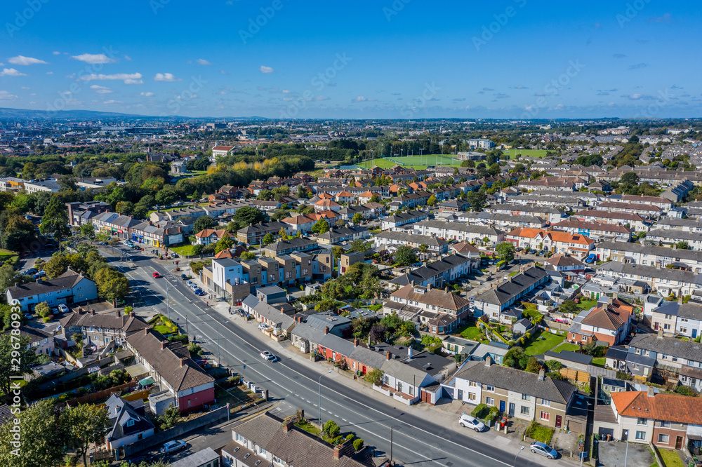Aerial drone view of Donnycarney neighborhood in Dublin city. Aerial Irish city view.