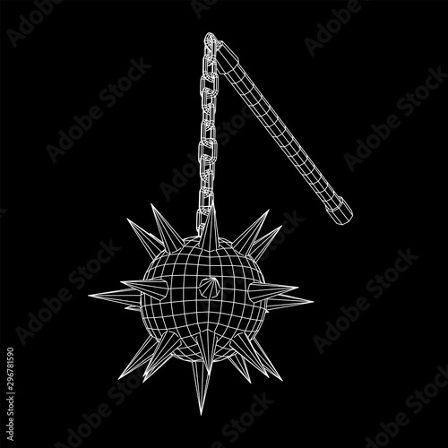 Medieval chained mace ball. Wireframe low poly mesh vector illustration.