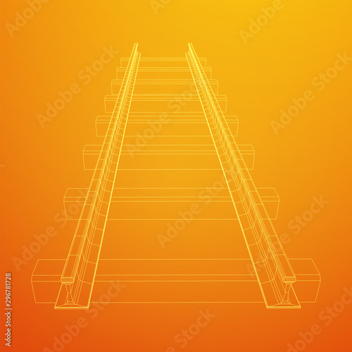 Straight rails. Railway wireframe low poly mesh vector illustration