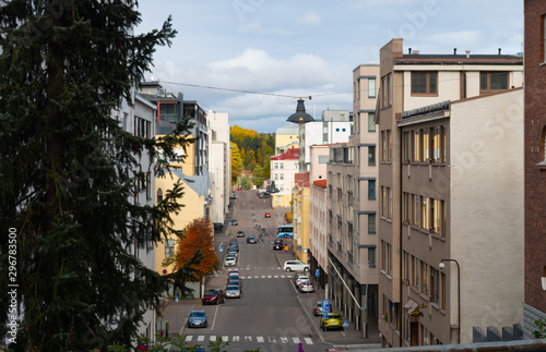 Autumn street view in Lahti, Finland – Nordic city architecture and colorful trees