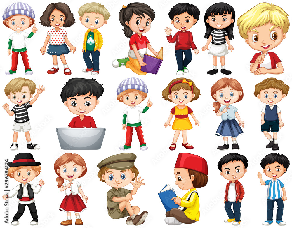 Set of isolated children in different actions Set of isolated children in different actions