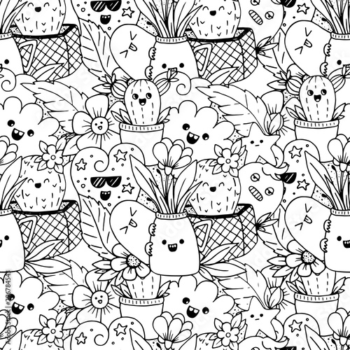 Vector seamless pattern with kawaii doodle characters