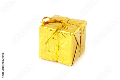 Gold glitter gift box isolated white background
