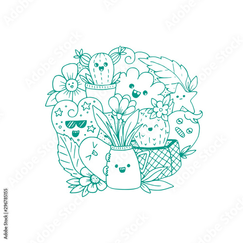 Vector illustration with kawaii doodle characters and flowers