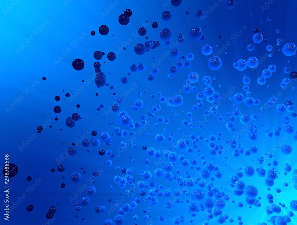Blue 3d design of reflective bubble explosion with blue background.