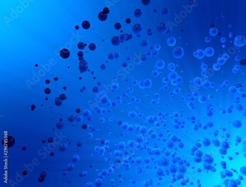 Blue 3d design of reflective bubble explosion with blue background.
