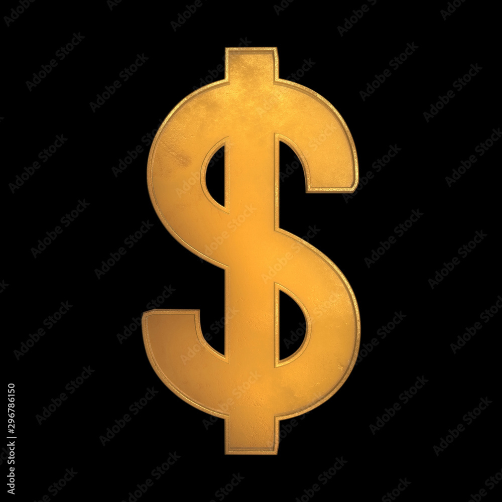 Gold dollar symbol isolated on black background with clipping path.