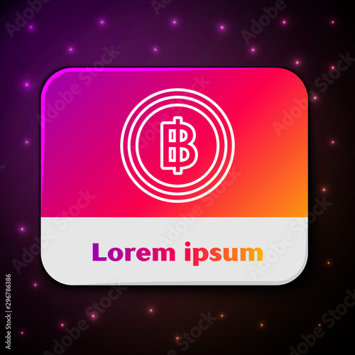 White line Cryptocurrency coin Bitcoin icon isolated on black background. Blockchain technology, bitcoin, digital money market, cryptocoin wallet. Rectangle color button. Vector Illustration