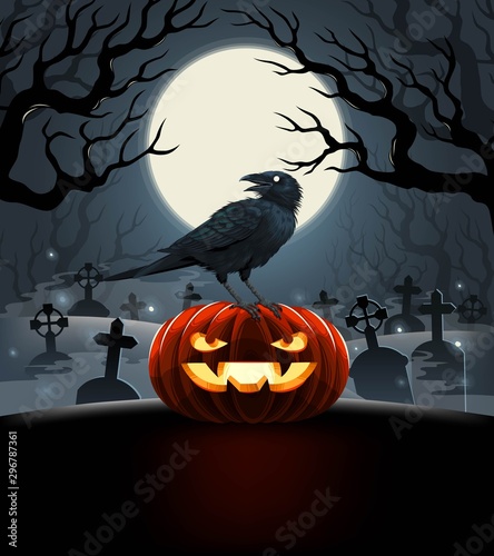 Vector card with evil pumpkin with raven on it