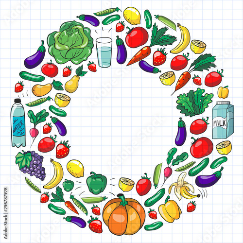 Vector pattern with healthy food. Fruits and vegetables. Milk  dairy products. Pattern for store  mall  menu  cafe  restaurants.