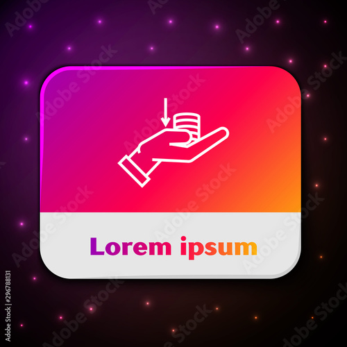 White line Money on hand icon isolated on black background. Palm holds cash with down. Cash salary decrease. Rectangle color button. Vector Illustration