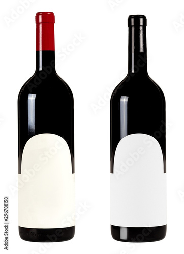 Set of two bottles with blank labels of red wine isolated on white background photo