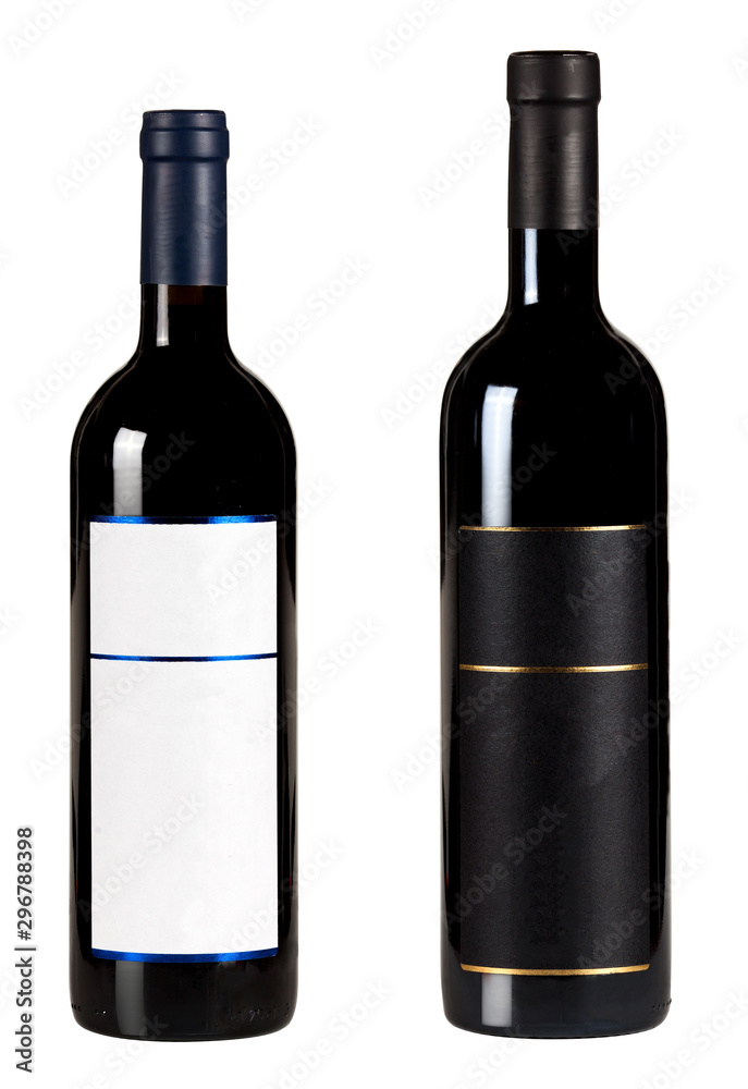 Set of two bottles with blank labels of red wine isolated on white background