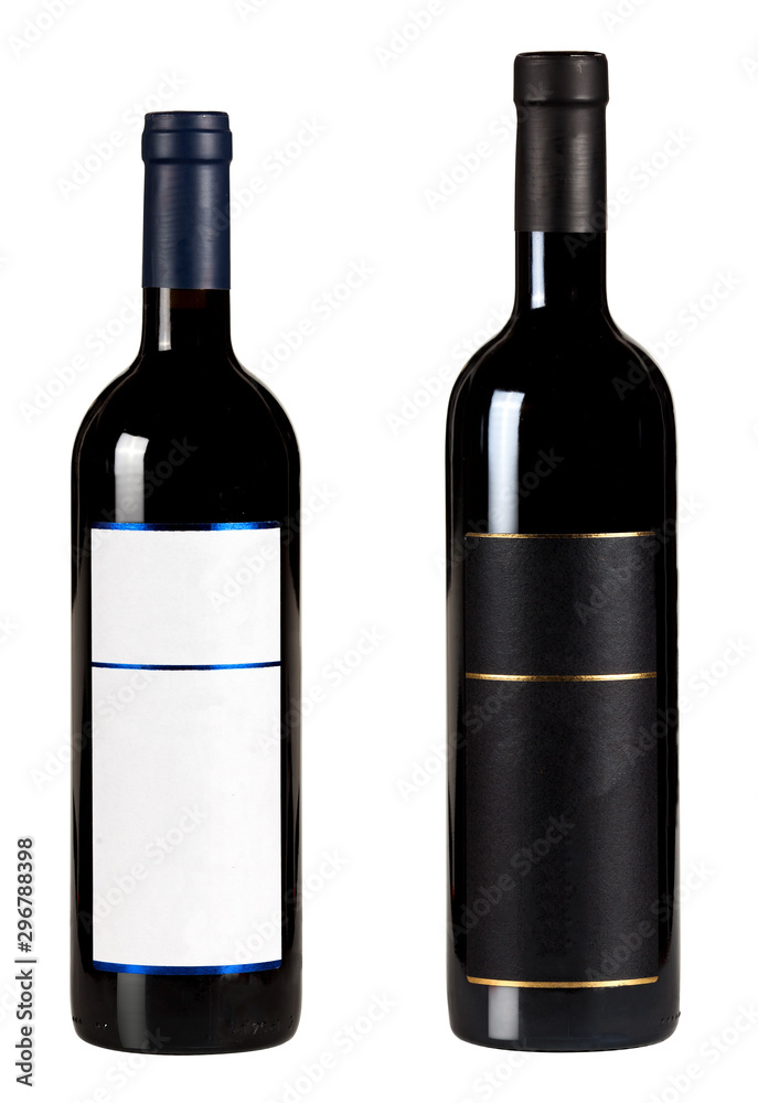 Set of two bottles with blank labels of red wine isolated on white background Set of two bottles with blank labels of red wine isolated on white background