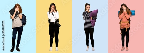 Set of travel woman, photographer, student and in pajamas smiling a lot while covering mouth