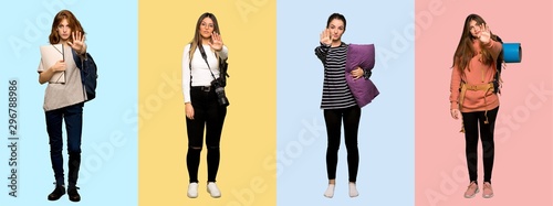 Set of travel woman, photographer, student and in pajamas making stop gesture denying a situation that thinks wrong