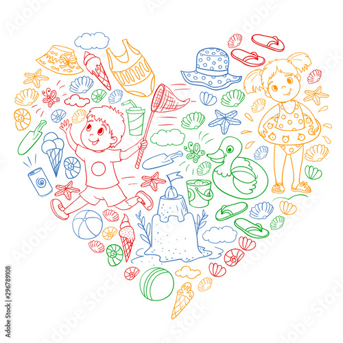 Vector pattern with little chilren. Family summer vacations. Beach, ocean, island, sun. Kids play. Swimming and relaxation.